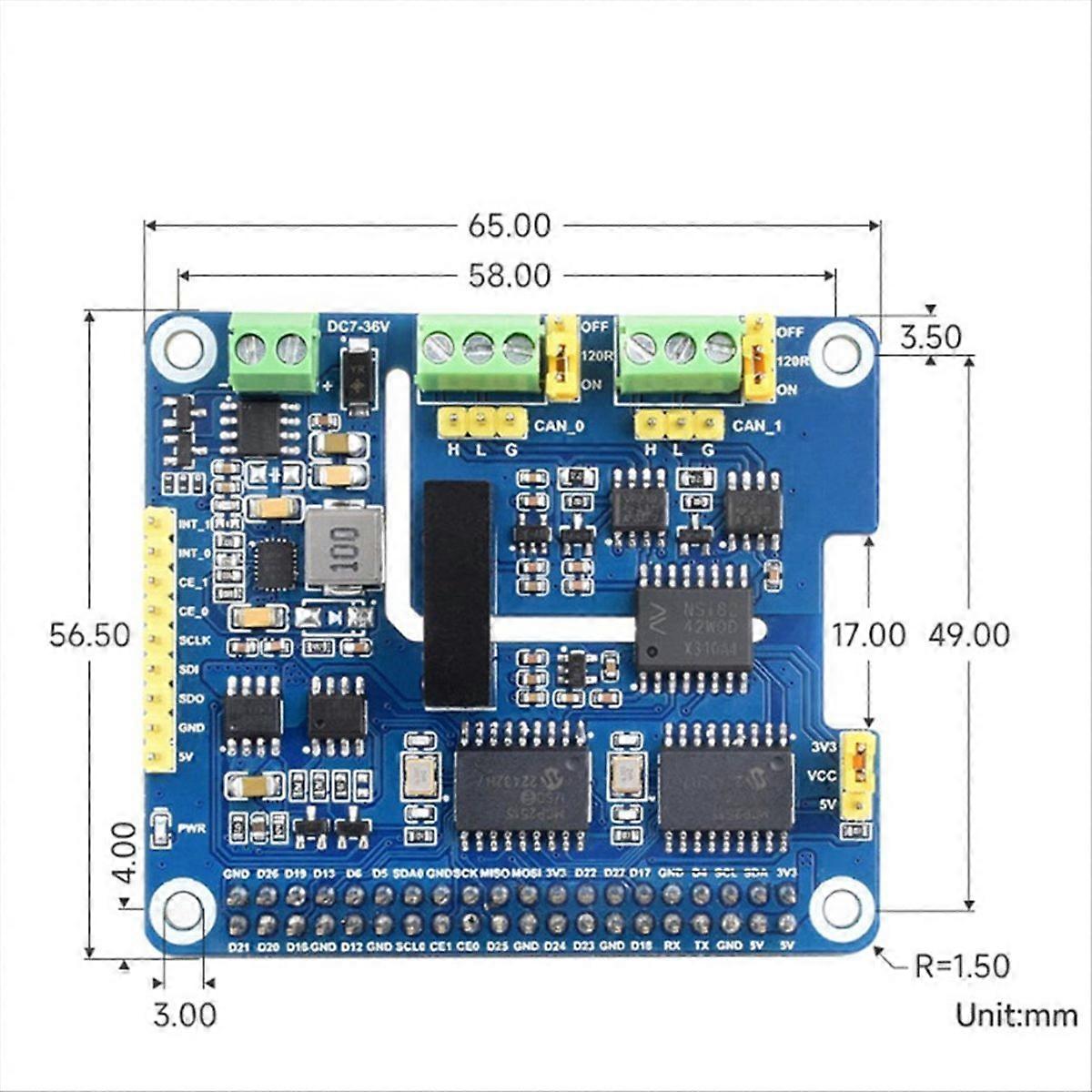 For Raspberry Pi 2CH Isolated CAN Expansion HAT MCP2515 7-36V