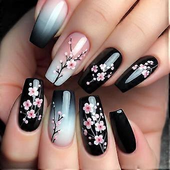 24 Pieces Flower Manicure Nails Art False Nails Glossy Acrylic Nails with Flower Designs on Nails