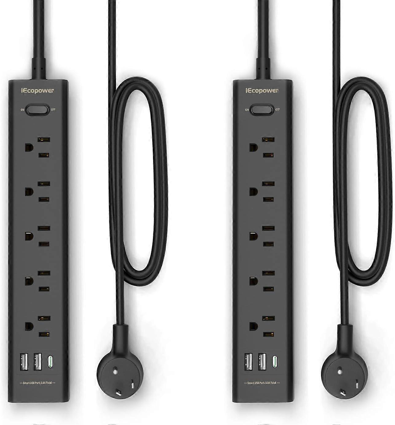 Lot de 2 multiprises avec protection contre les surtensions - 5 prises espacées, 3 ports USB (dont 1 port USB-C), 1250 W/10 A, rallonge de 1,5 m, fixation murale.