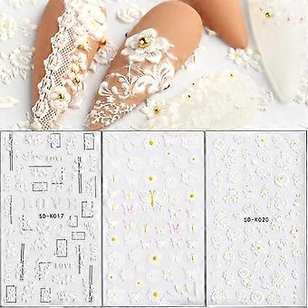 Fleurs blanches Ongles Autocollants Décalcomanies 5D Exquis Sculpture Fournitures D’ongles Papillons Floral Mariage Amour Français Nail Design Acrylique Gravé En Relief Dai