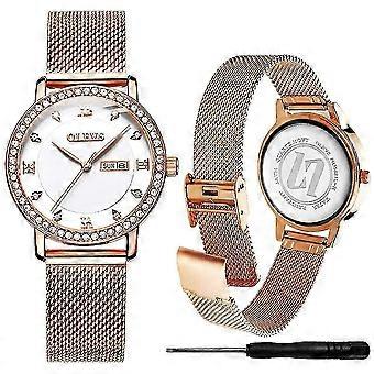 Klassische Frauen Quarz Business Uhr mit Edelstahl Band wasserdichte Uhren Römische Zahl Einzigartiger Kalender Datum Fenster Armbanduhr